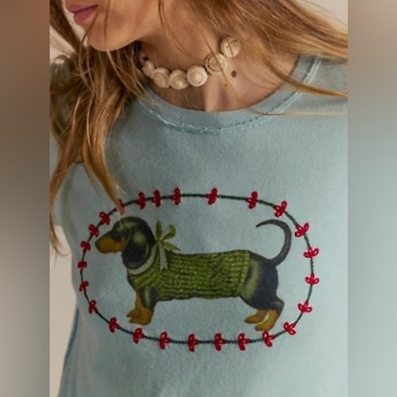 NWT Free People S We the Free Fur Friend Tee in Dachshund Light Blue New - Picture 3 of 7
